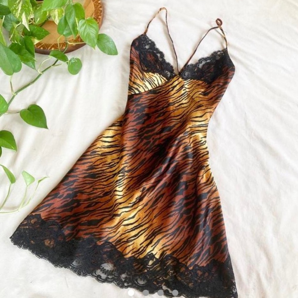 vintage 90s Victoria’s Secret animal print satin chamise slip lingerie dress • S